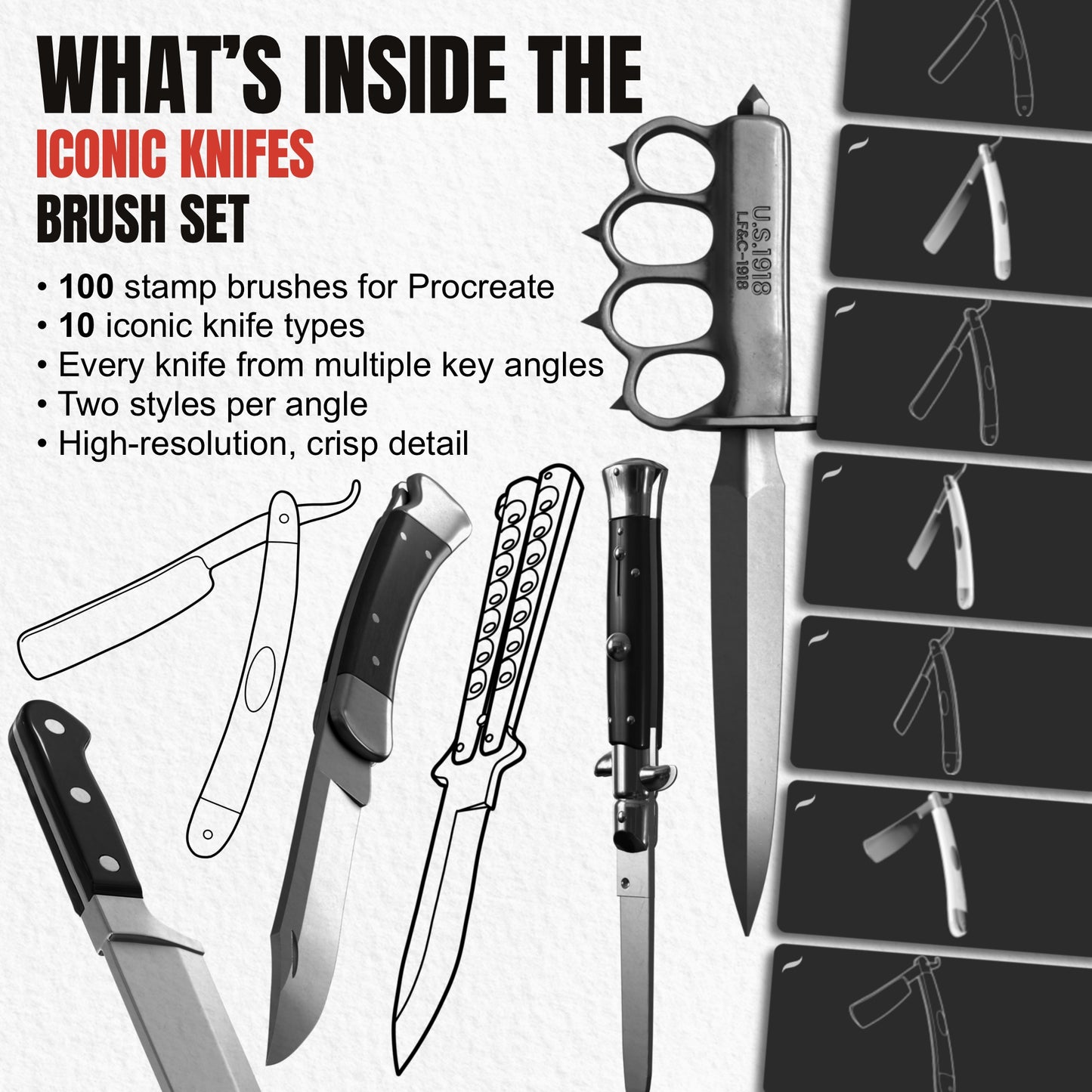 Overview of 100 Iconic Knives Procreate brushes with 10 blade types and multiple angles