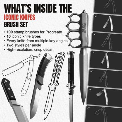 Overview of 100 Iconic Knives Procreate brushes with 10 blade types and multiple angles