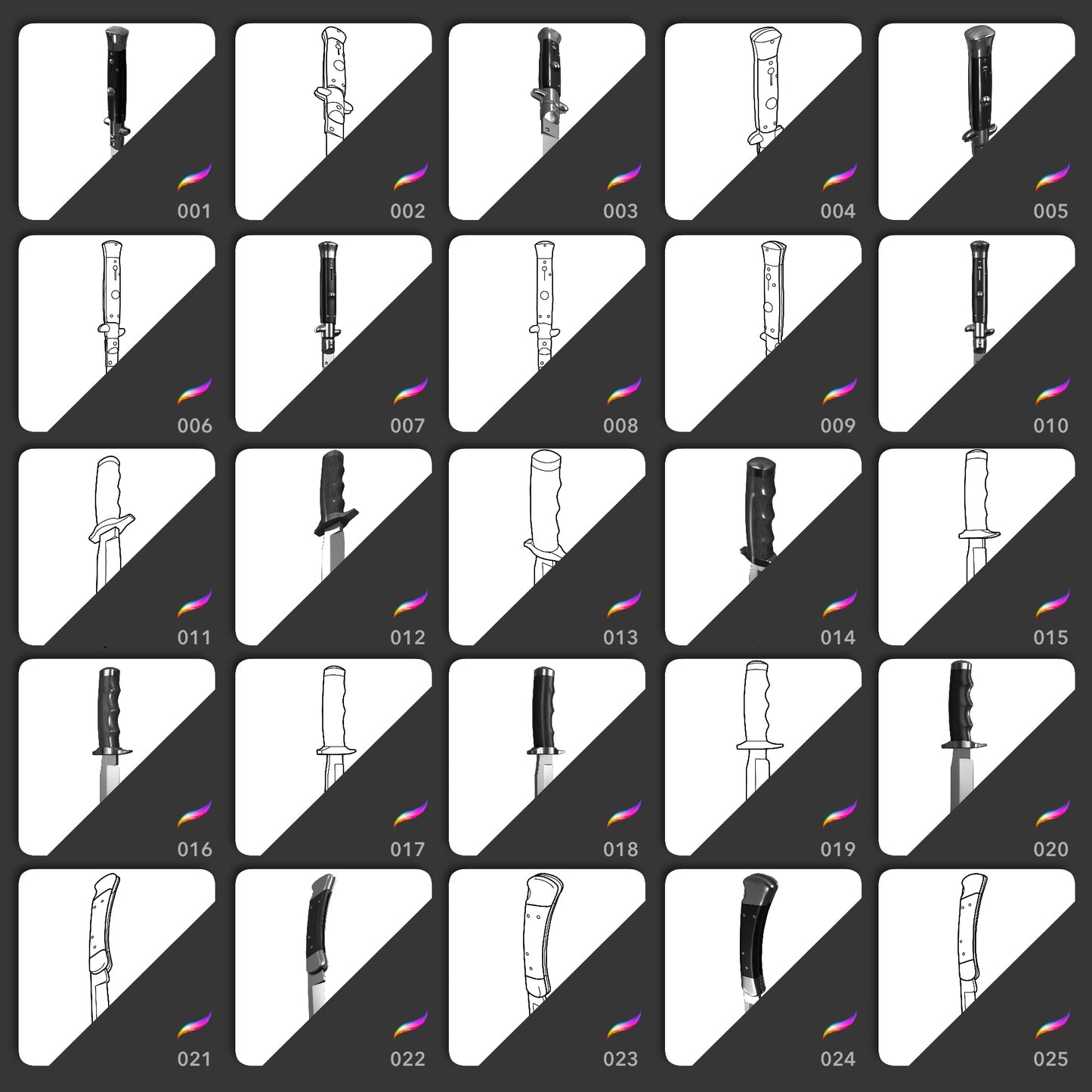 First 25 Iconic Knives Procreate stamps with line art and shaded blade variations