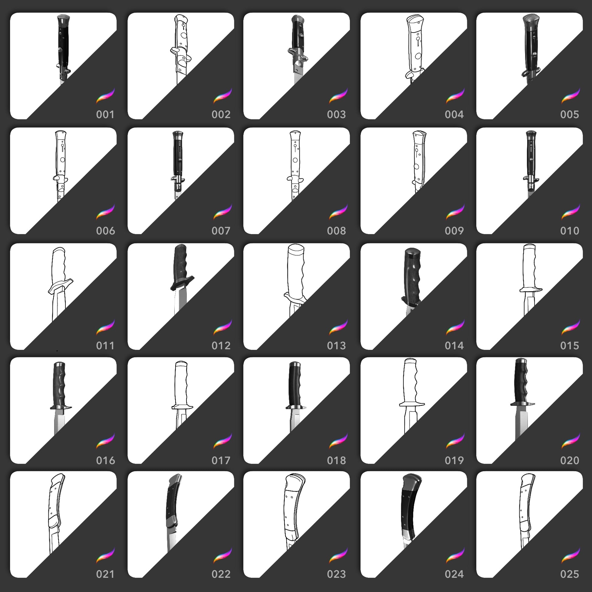 First 25 Iconic Knives Procreate stamps with line art and shaded blade variations