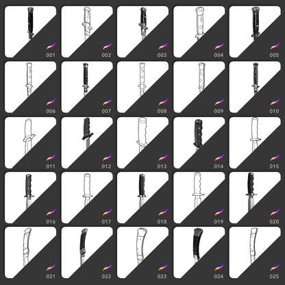 First 25 Iconic Knives Procreate stamps with line art and shaded blade variations