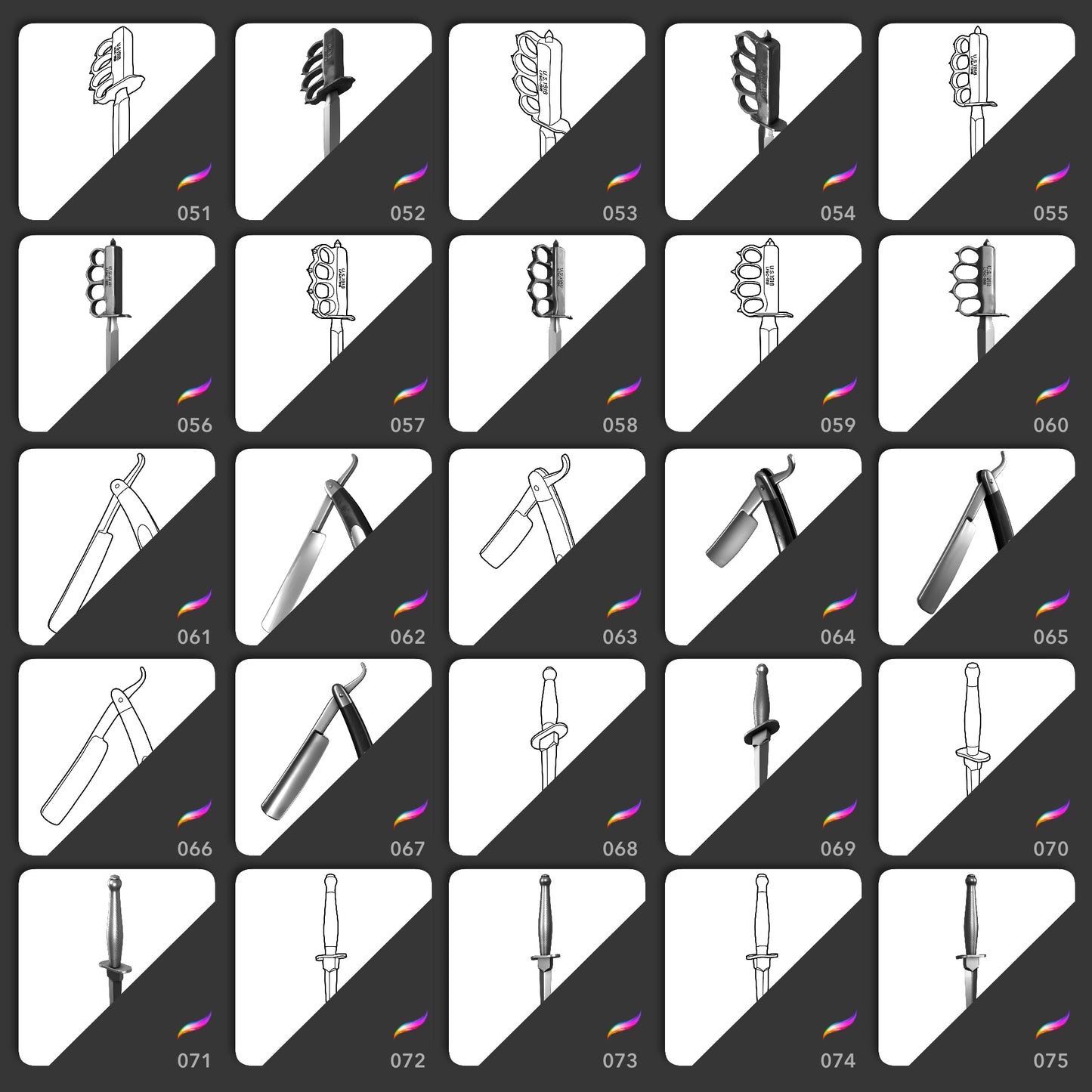 Iconic Knives Procreate stamps 51 to 75 featuring trench knives and daggers