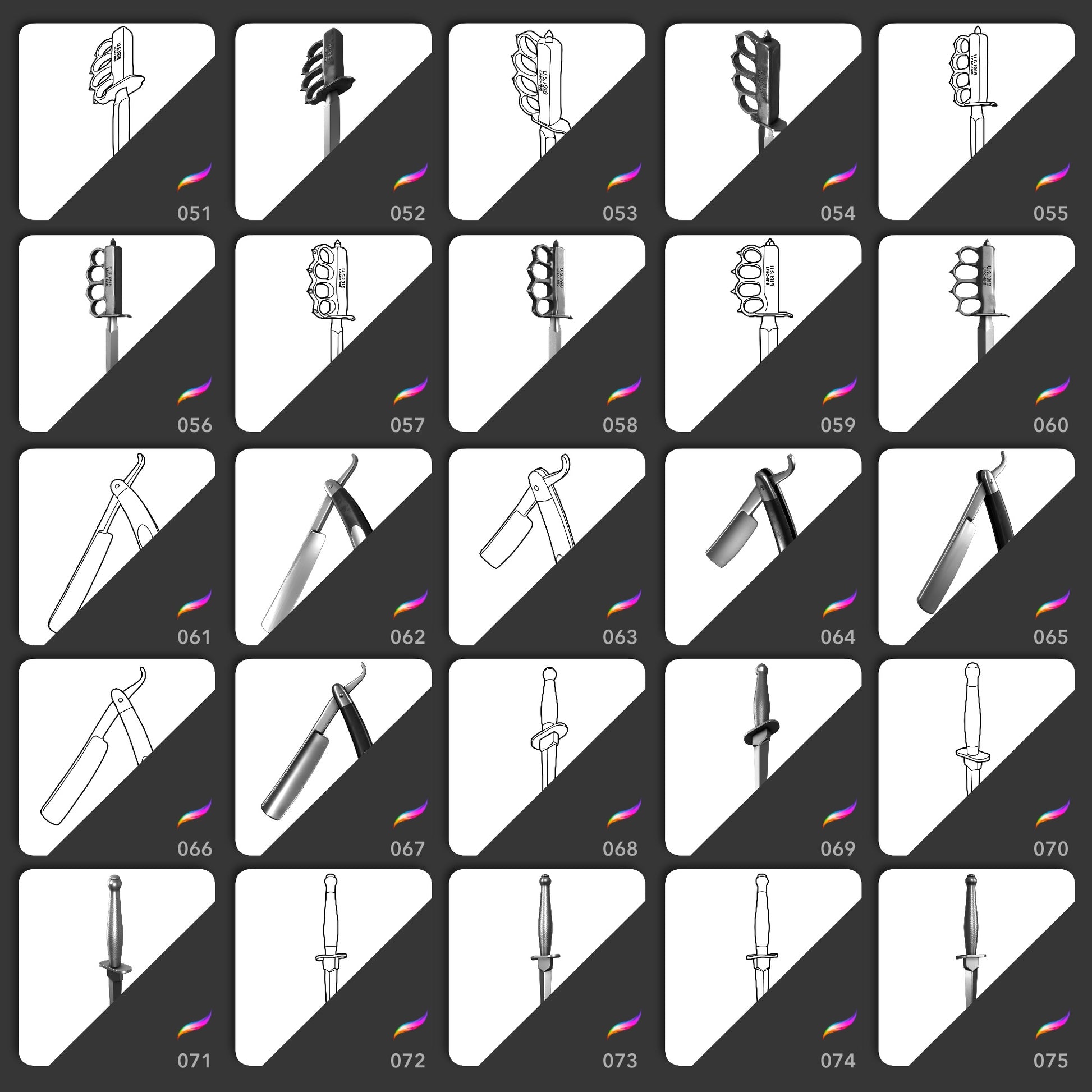 Iconic Knives Procreate stamps 51 to 75 featuring trench knives and daggers