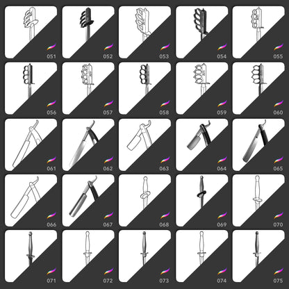 Iconic Knives Procreate stamps 51 to 75 featuring trench knives and daggers