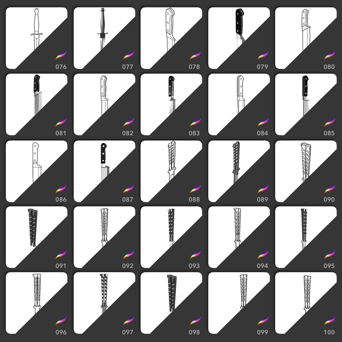 Iconic Knives Procreate stamps 76 to 100 featuring chef knives and textured blades