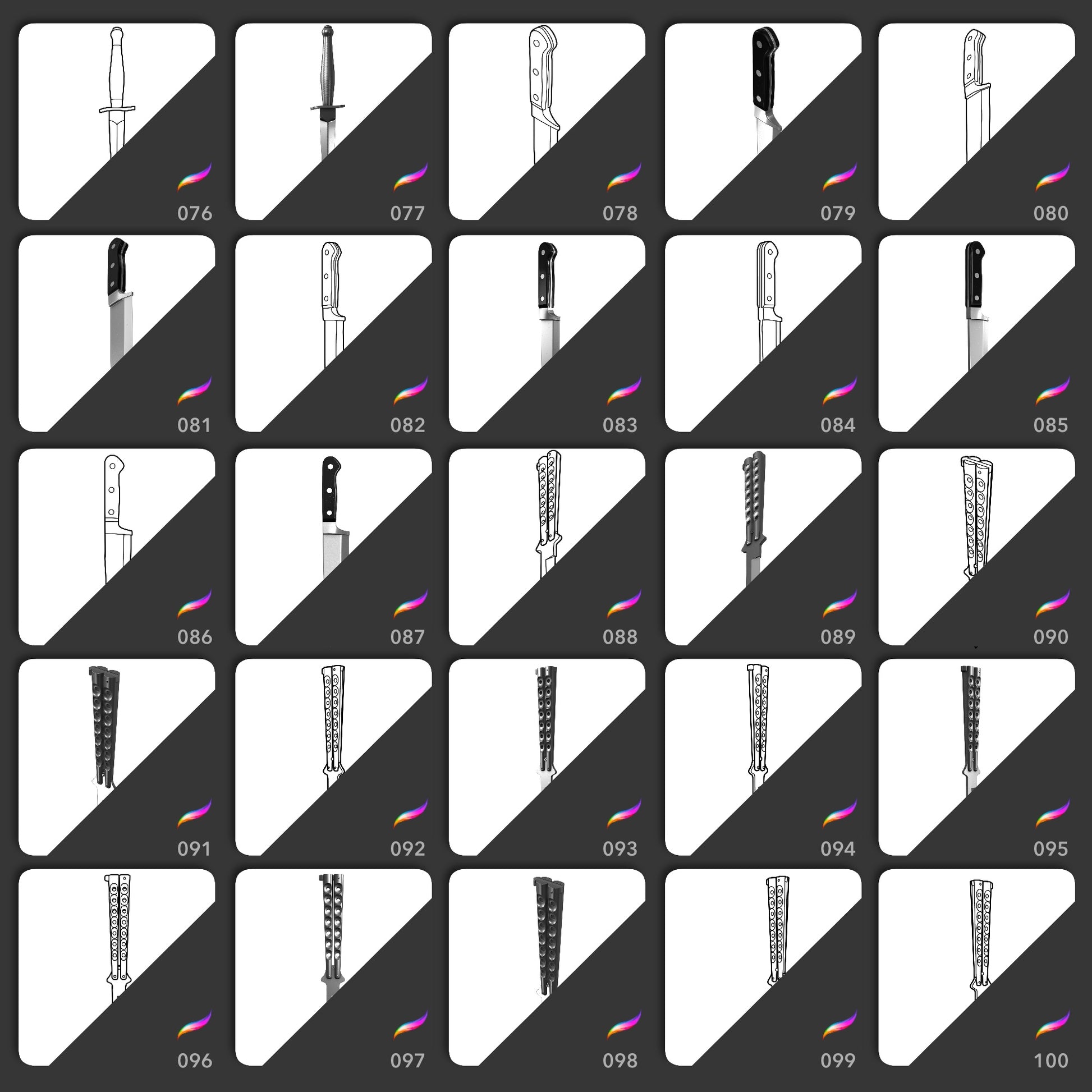 Iconic Knives Procreate stamps 76 to 100 featuring chef knives and textured blades