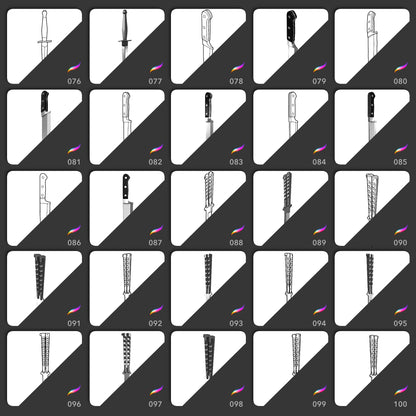 Iconic Knives Procreate stamps 76 to 100 featuring chef knives and textured blades