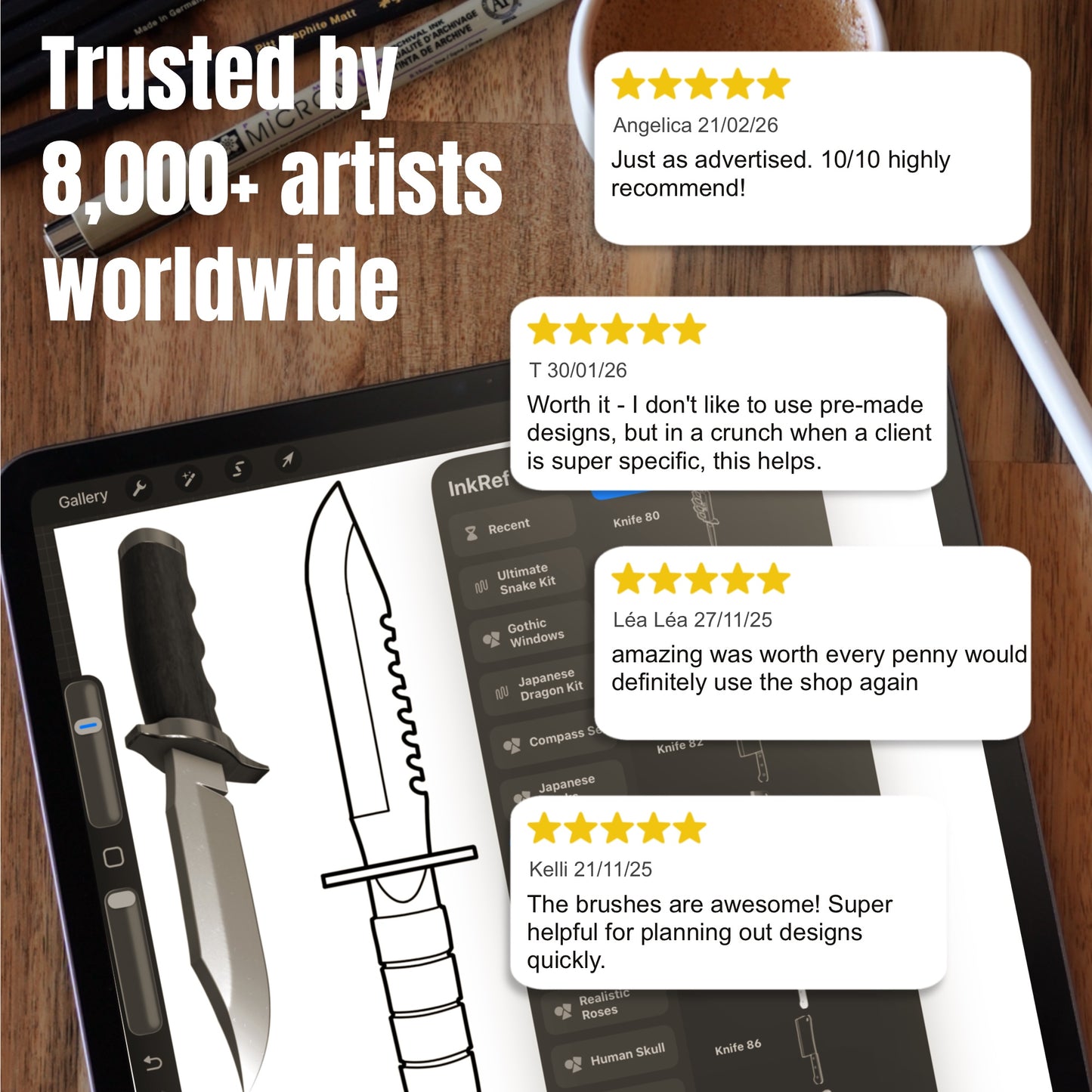 Customer reviews beside knife designs created with Iconic Knives Procreate brushes