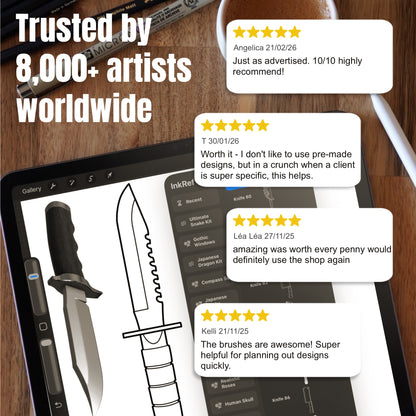 Customer reviews beside knife designs created with Iconic Knives Procreate brushes