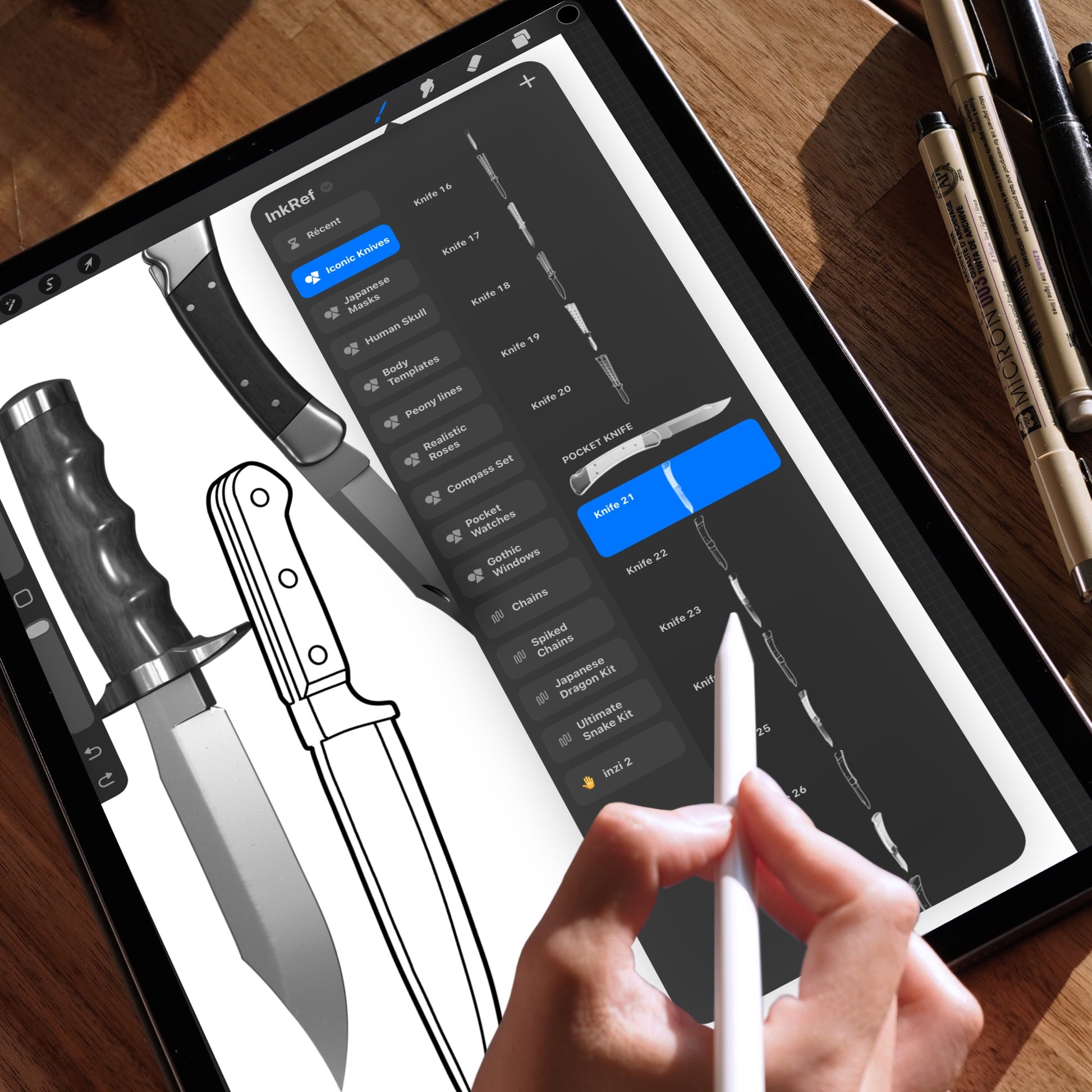 Iconic Knives brush set displayed in Procreate brush library, realistic and line-art knives ready for tattoo stencils.