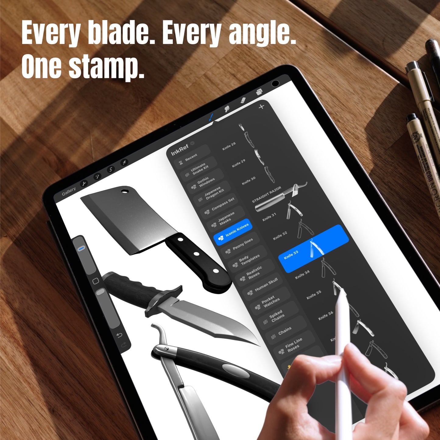 Cleaver and knife designs in Procreate made with blade stamp brushes from multiple angles
