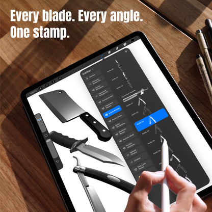Cleaver and knife designs in Procreate made with blade stamp brushes from multiple angles