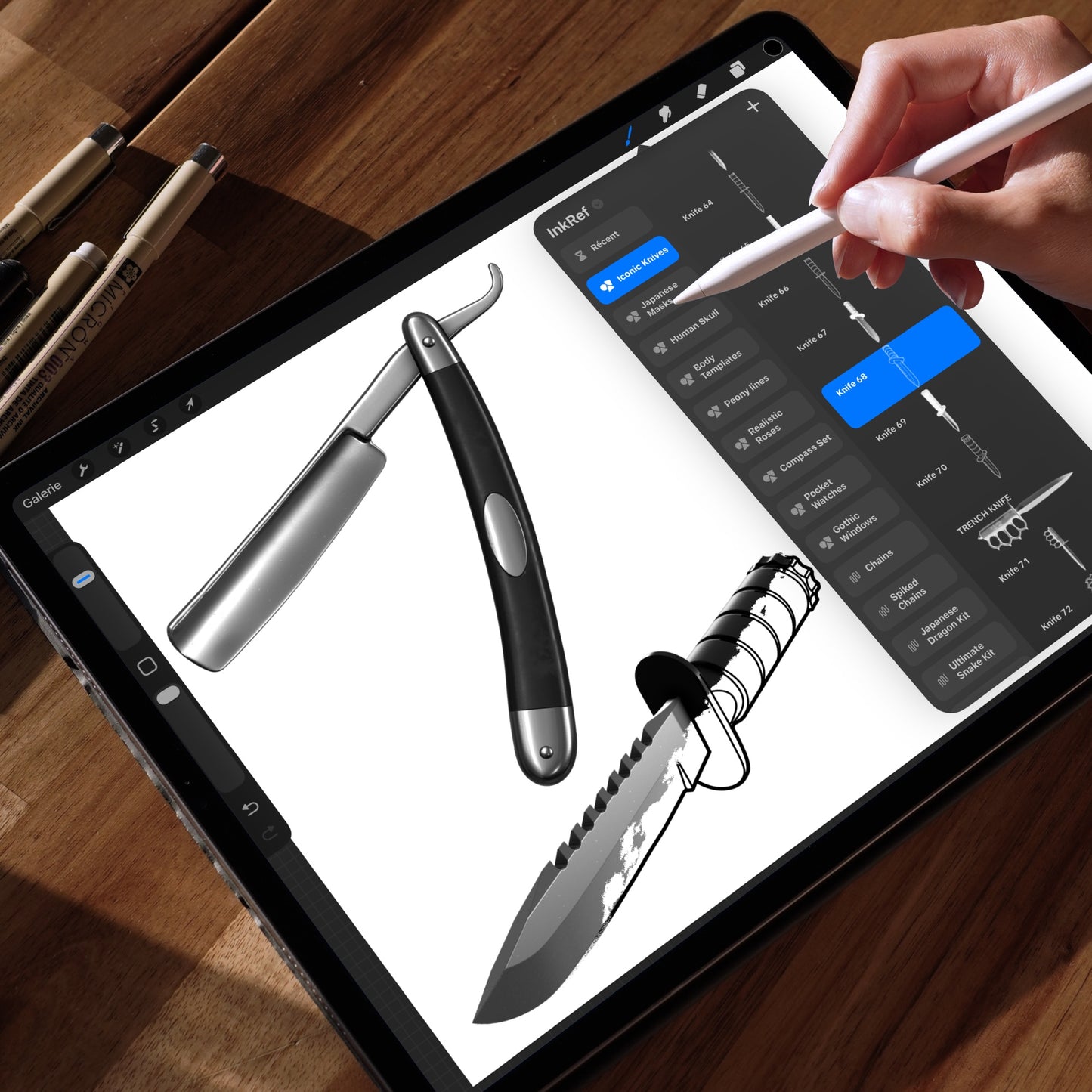 Procreate on iPad showing Iconic Knives set — straight razor and survival knife in realistic and line art styles.
