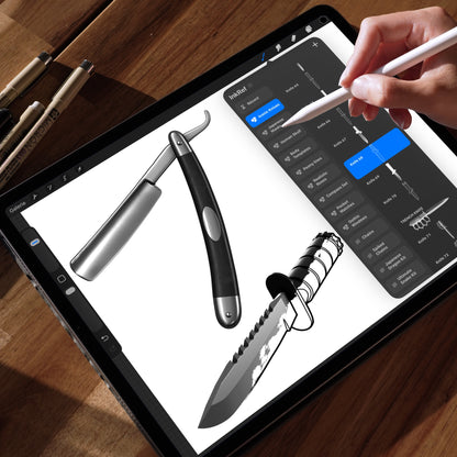 Procreate on iPad showing Iconic Knives set — straight razor and survival knife in realistic and line art styles.