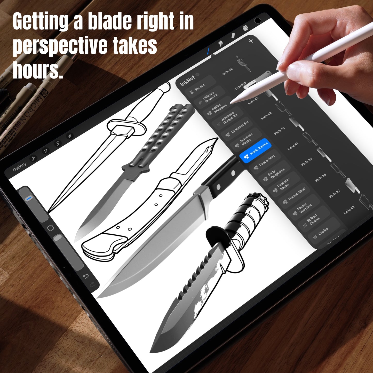 Knife tattoo designs in Procreate showing realistic and line art blade stamp brushes