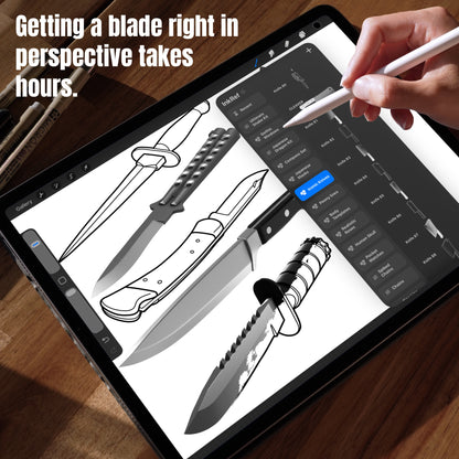 Knife tattoo designs in Procreate showing realistic and line art blade stamp brushes
