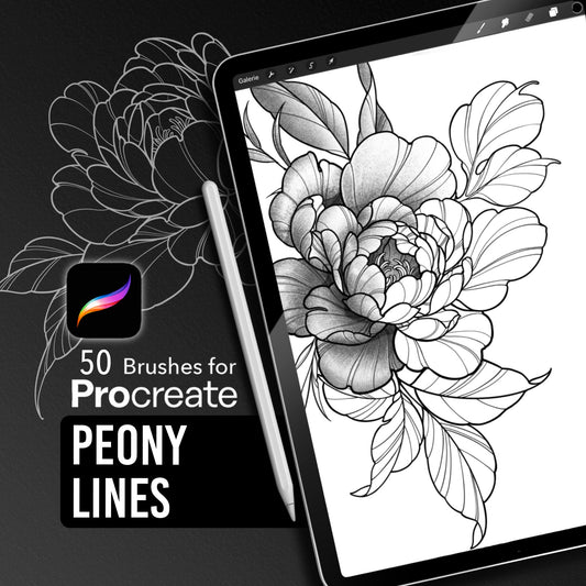 Promotional image of the Peony Lines Procreate brush pack featuring a large shaded floral tattoo-style composition and logo, with elegant linework peony in the background