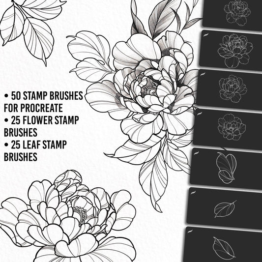 Close-up of peony flower and leaf stamp brushes for Procreate on paper texture, showing intricate black line art and sample brush thumbnails on the side
