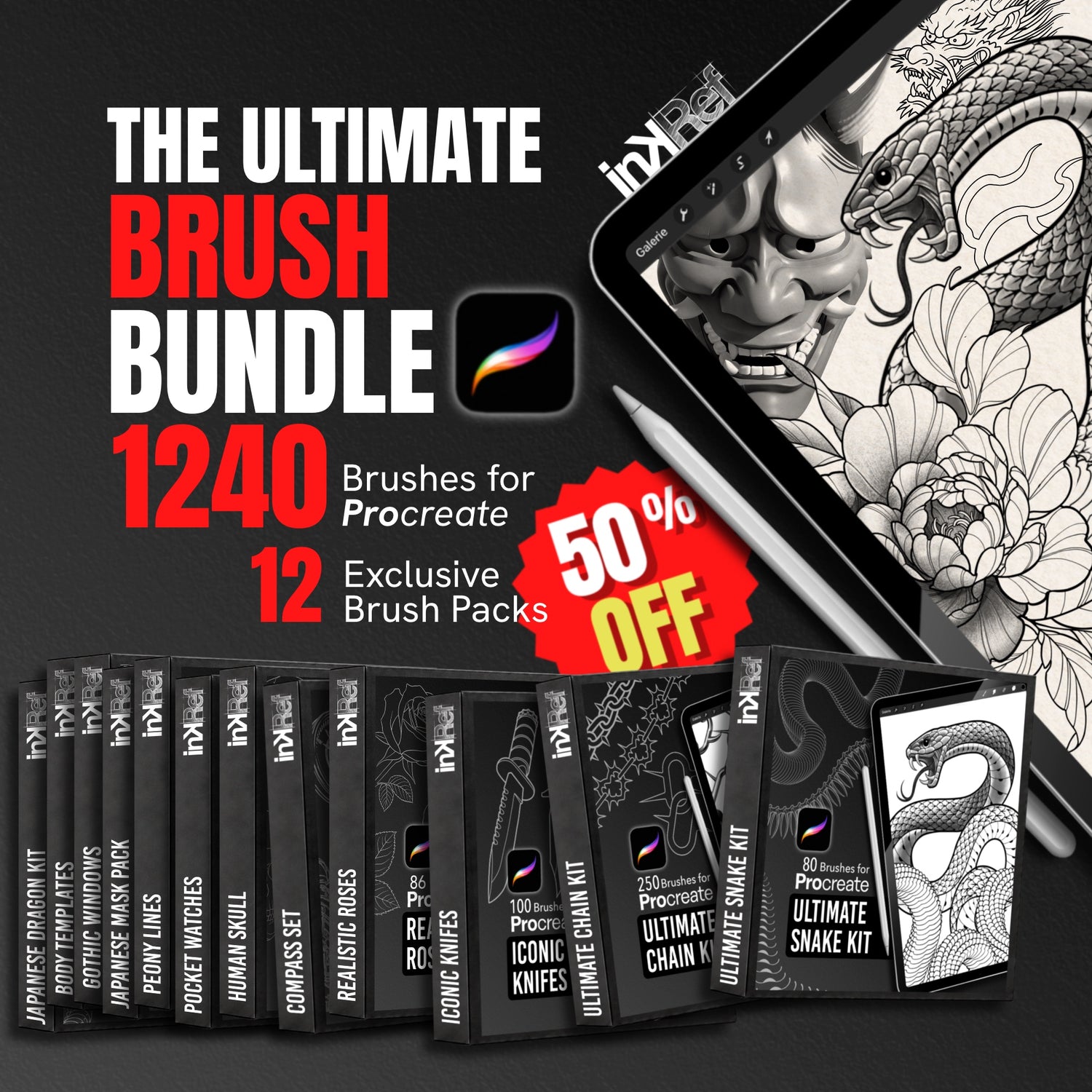 The Ultimate Brush Bundle by InkRef — 1,240 Procreate tattoo brushes across 12 packs, shown at 50% off