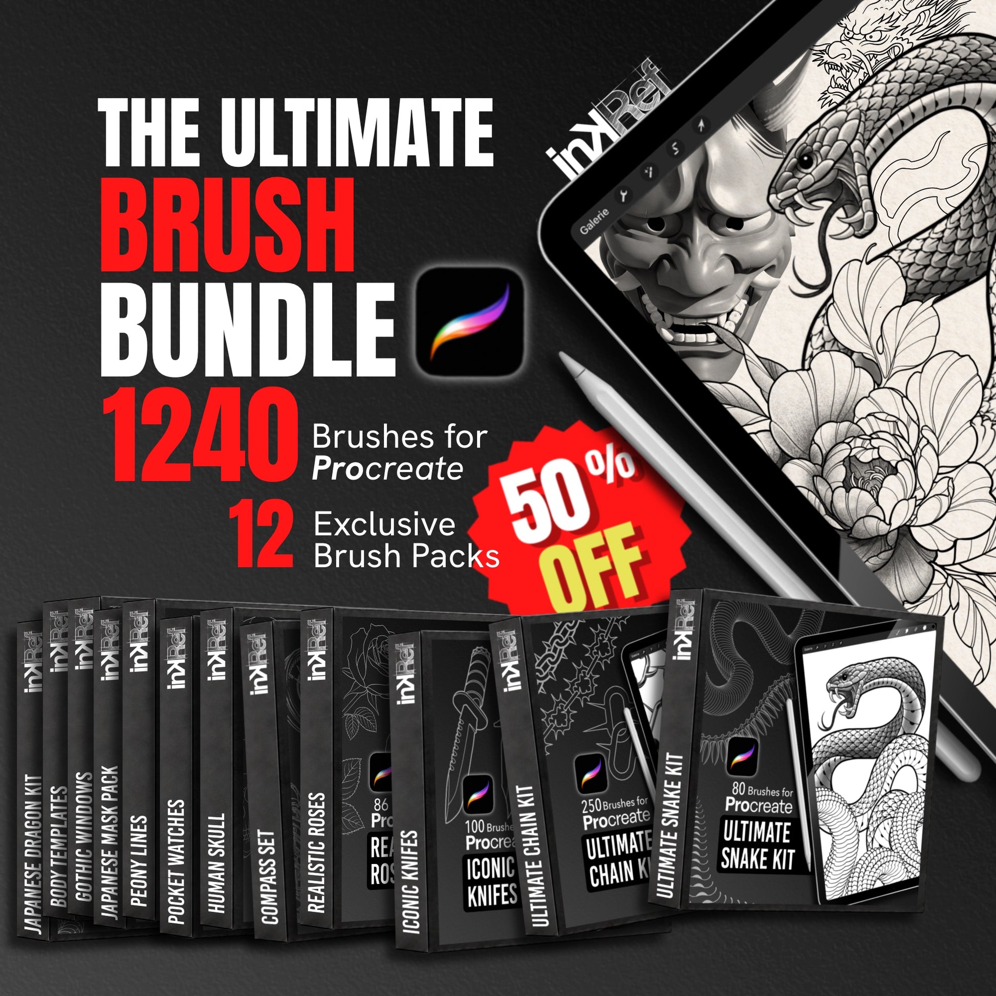 The Ultimate Brush Bundle by InkRef — 1,240 Procreate tattoo brushes across 12 packs, shown at 50% off