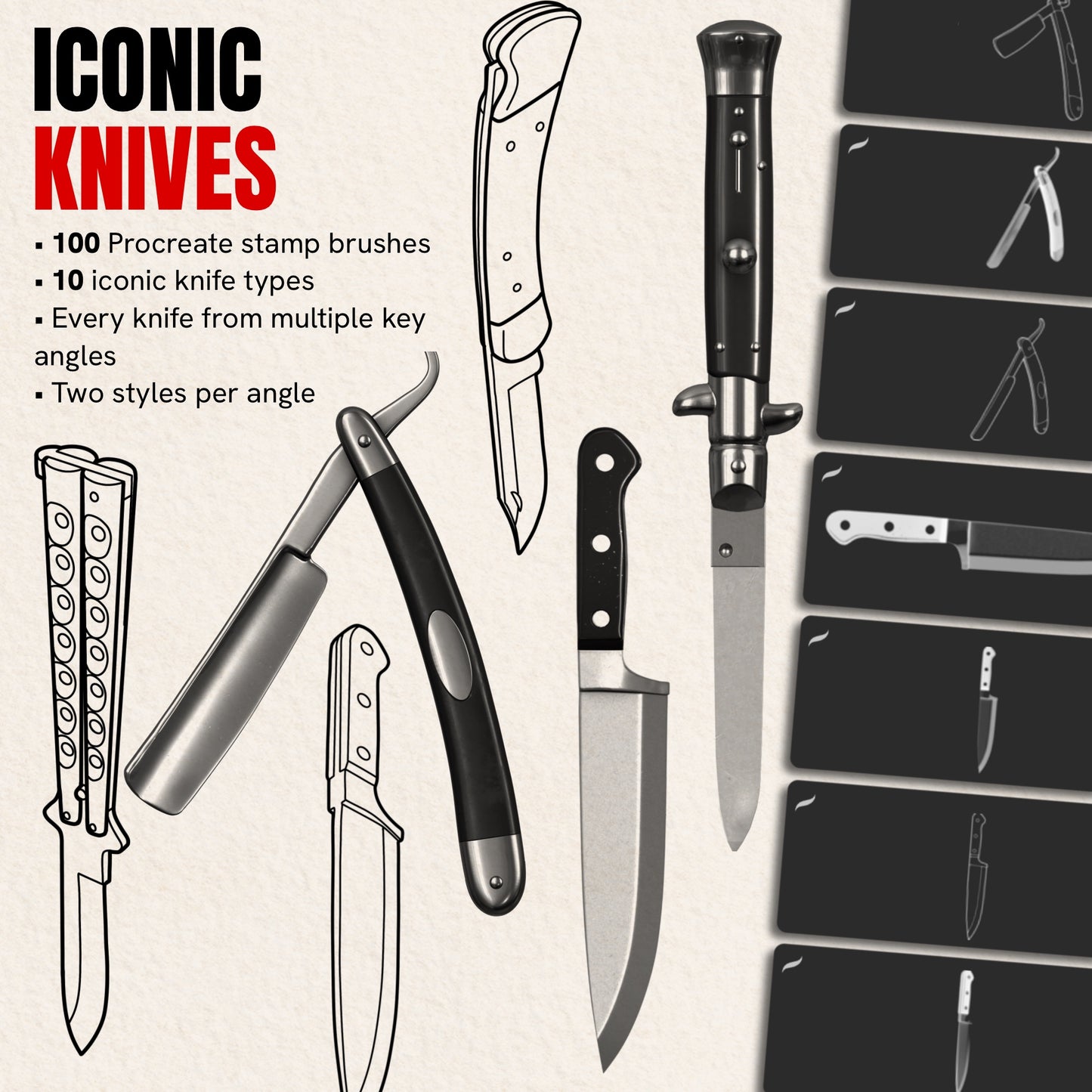 Iconic Knives pack — 100 Procreate stamp brushes of razors, switchblades and other knives, realistic and line art
