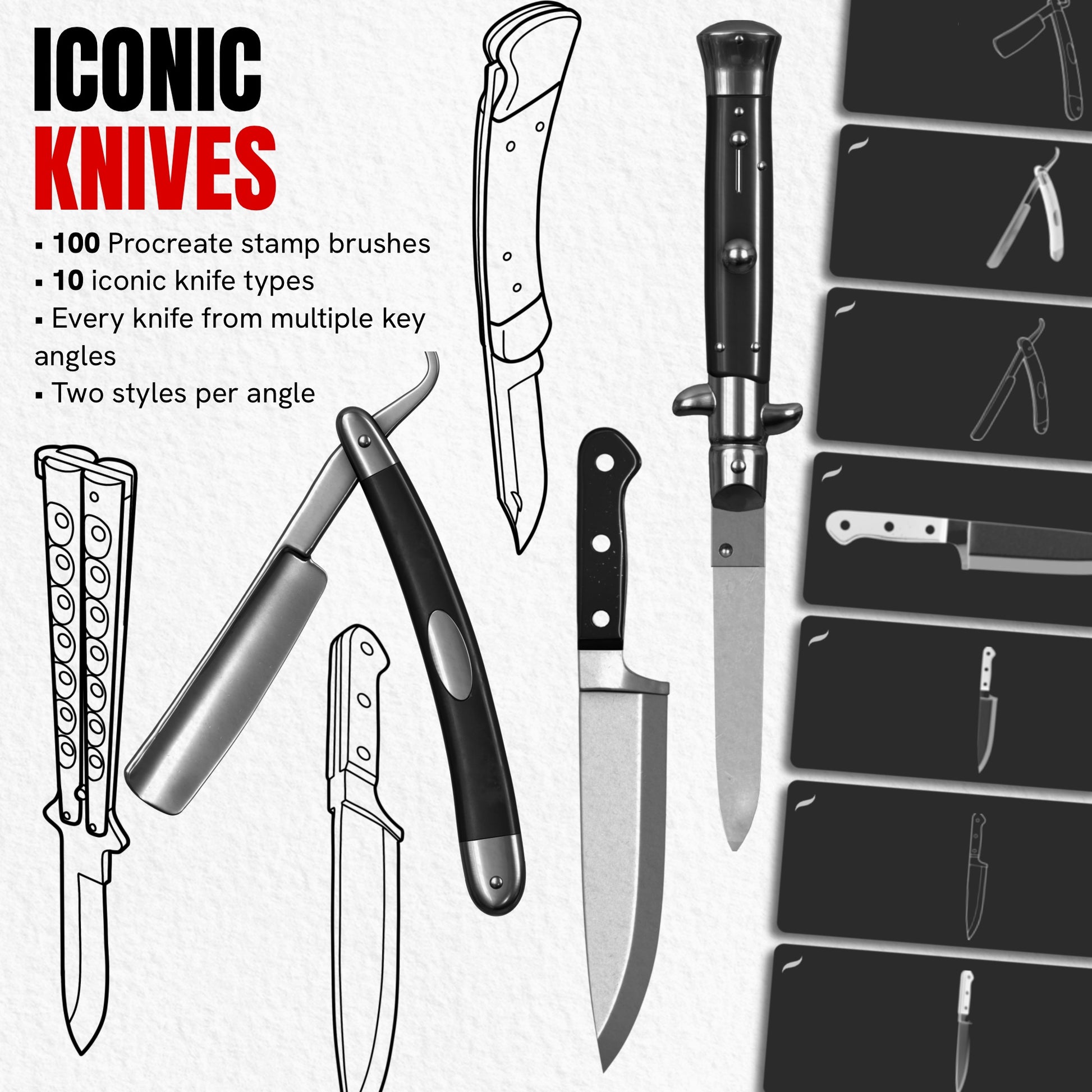 Iconic Knives pack with 100 Procreate stamp brushes featuring 10 knives in line art and realistic styles