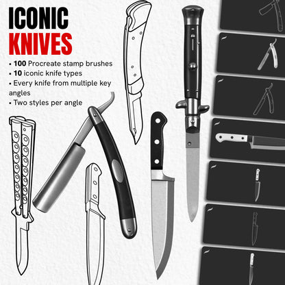 Iconic Knives pack with 100 Procreate stamp brushes featuring 10 knives in line art and realistic styles