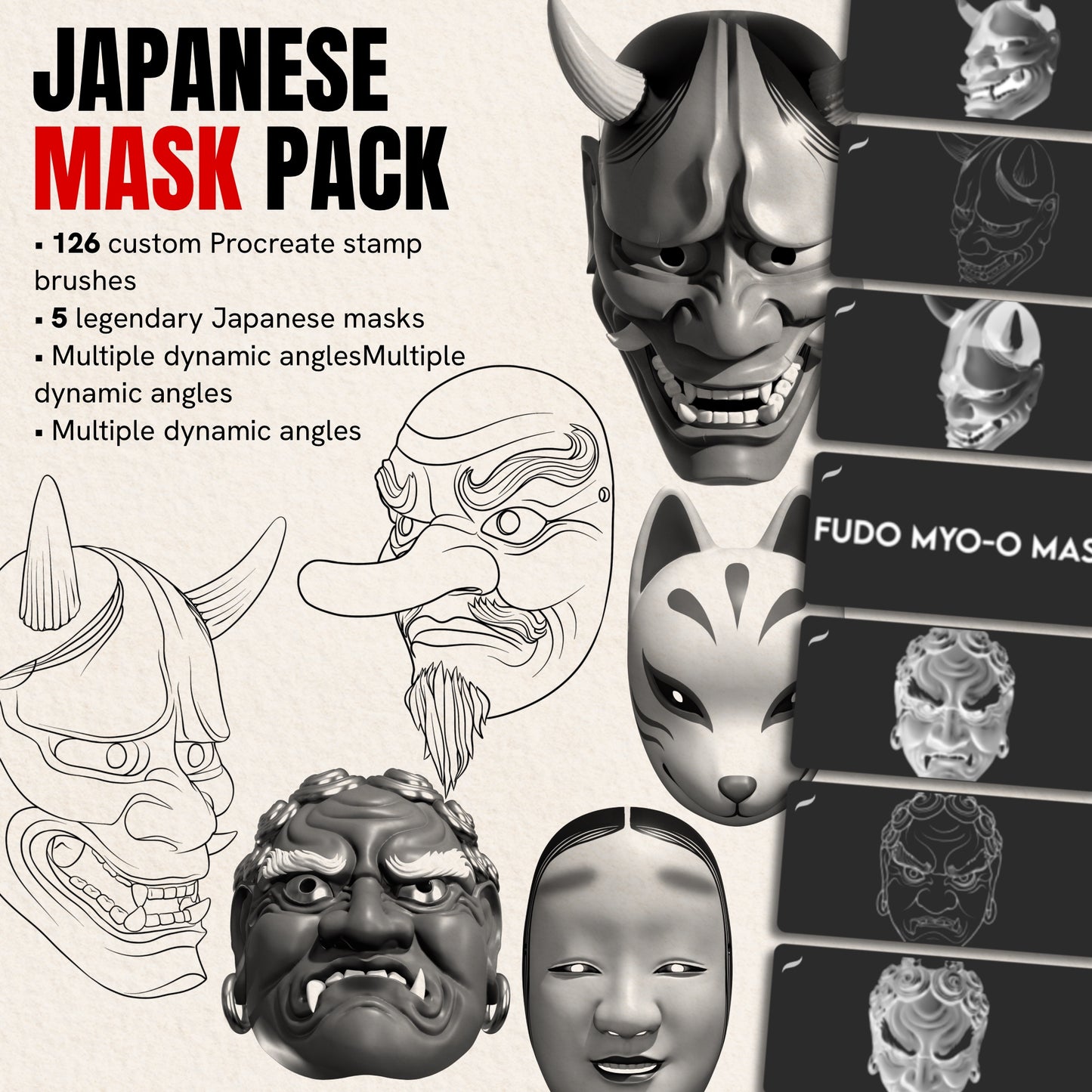 Japanese Mask Pack — 126 Procreate stamp brushes of Hannya, Tengu, kitsune and other masks, realistic and line art