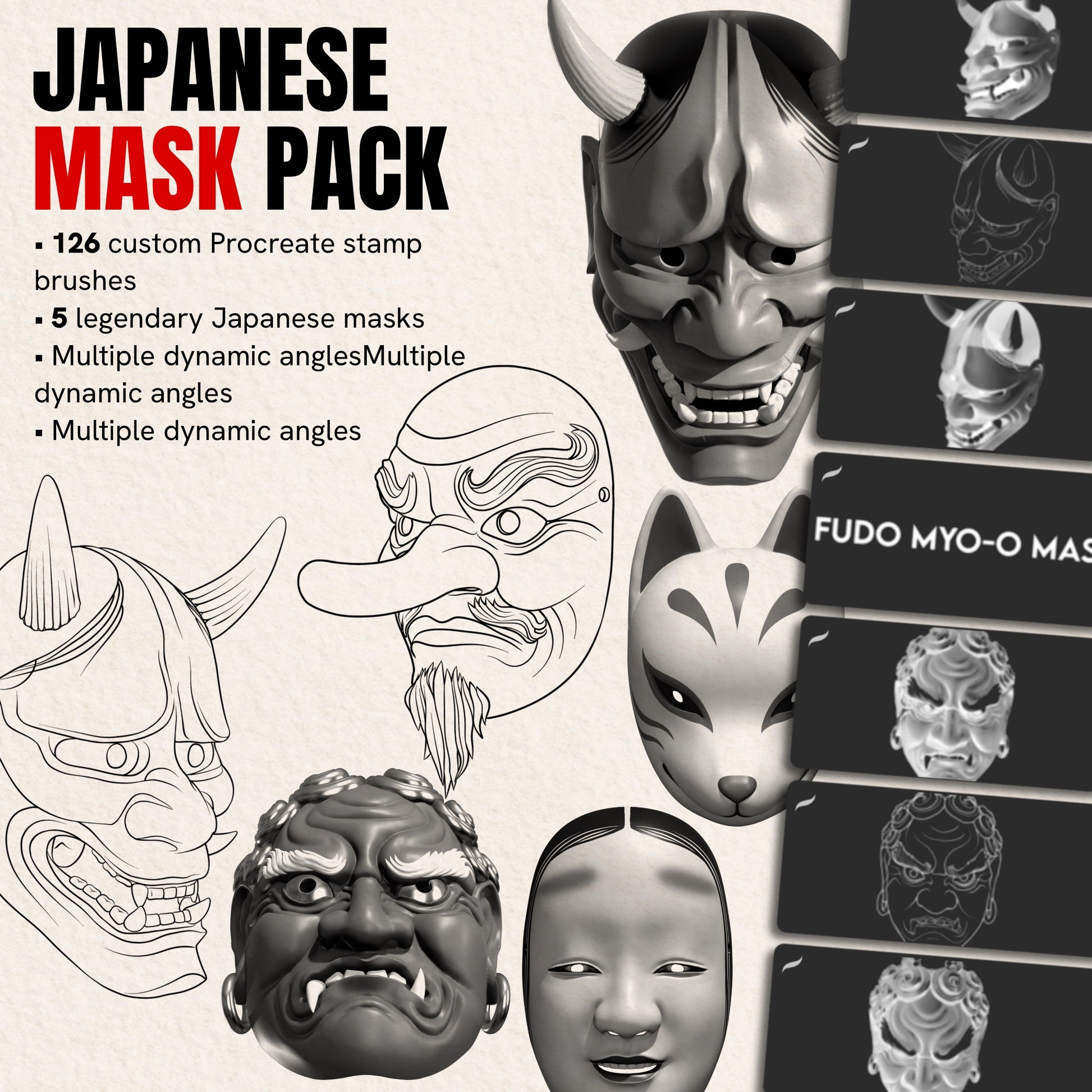 Japanese Mask Pack — 126 Procreate stamp brushes of Hannya, Tengu, kitsune and other masks, realistic and line art