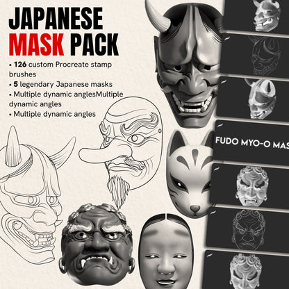 Japanese Mask Pack — 126 Procreate stamp brushes of Hannya, Tengu, kitsune and other masks, realistic and line art