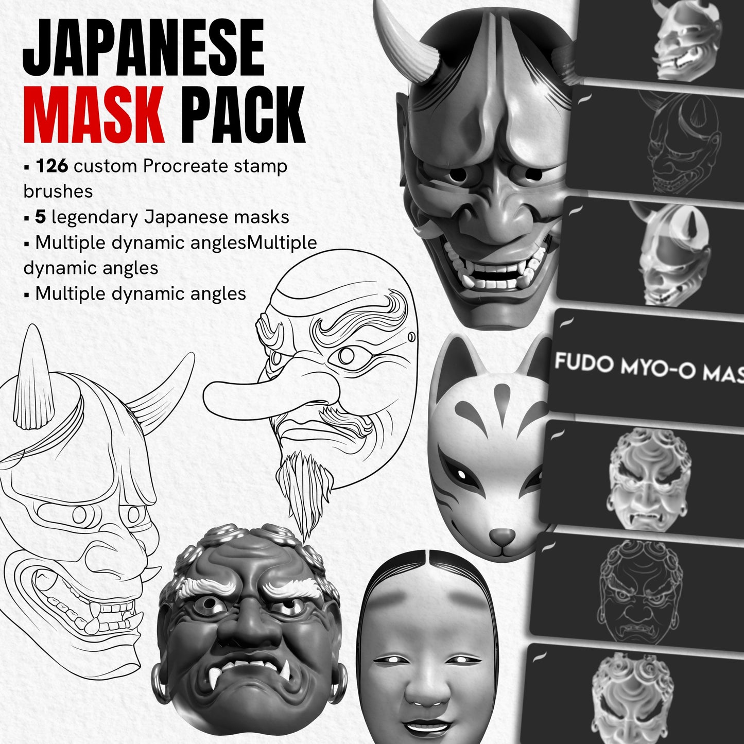 Japanese Mask Pack with 126 Procreate stamp brushes featuring Hannya, Tengu, Noh, Kitsune and Fudo Myoo masks