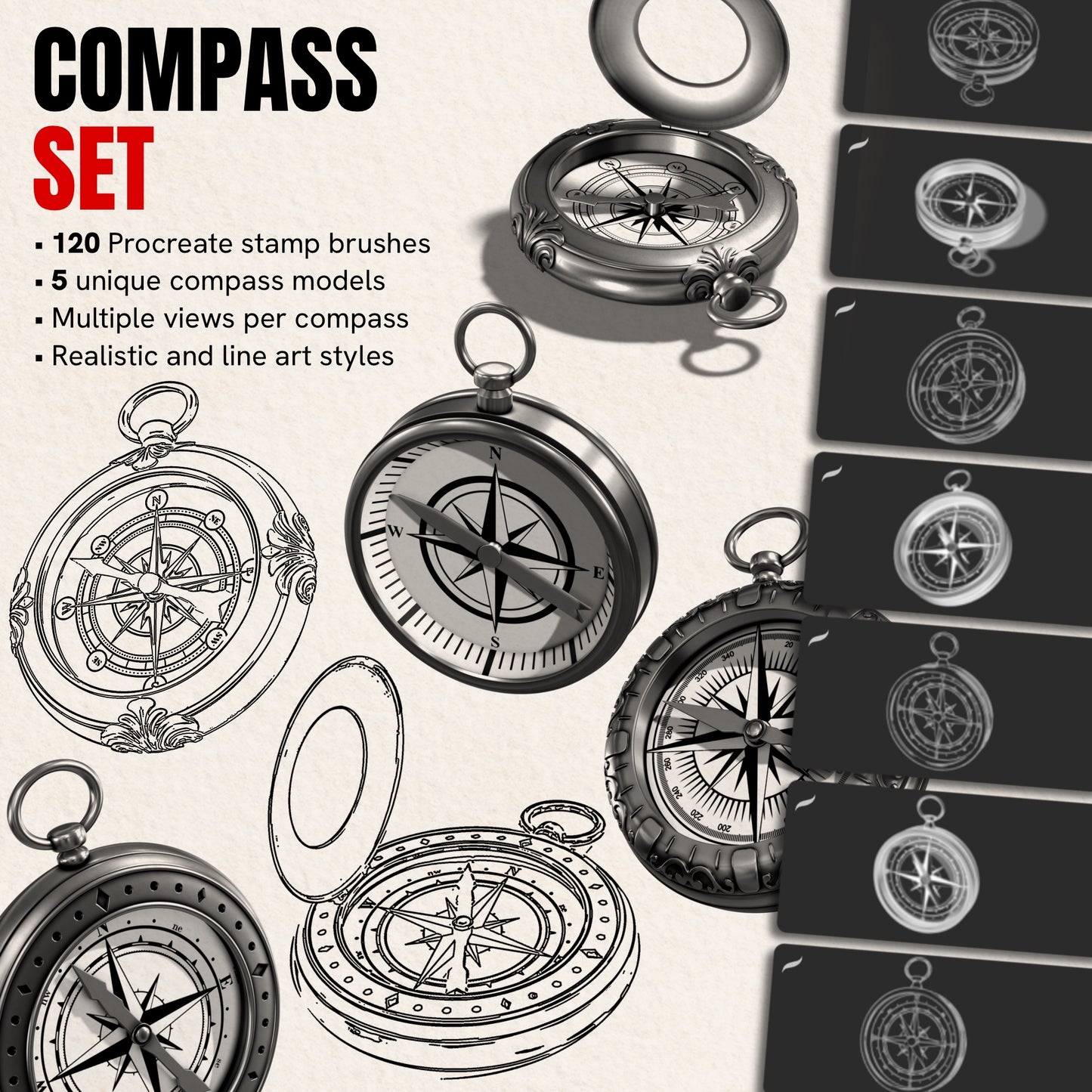 Compass Set — 120 Procreate stamp brushes of antique compasses in realistic and line art styles
