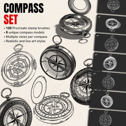 Compass Set — 120 Procreate stamp brushes of antique compasses in realistic and line art styles