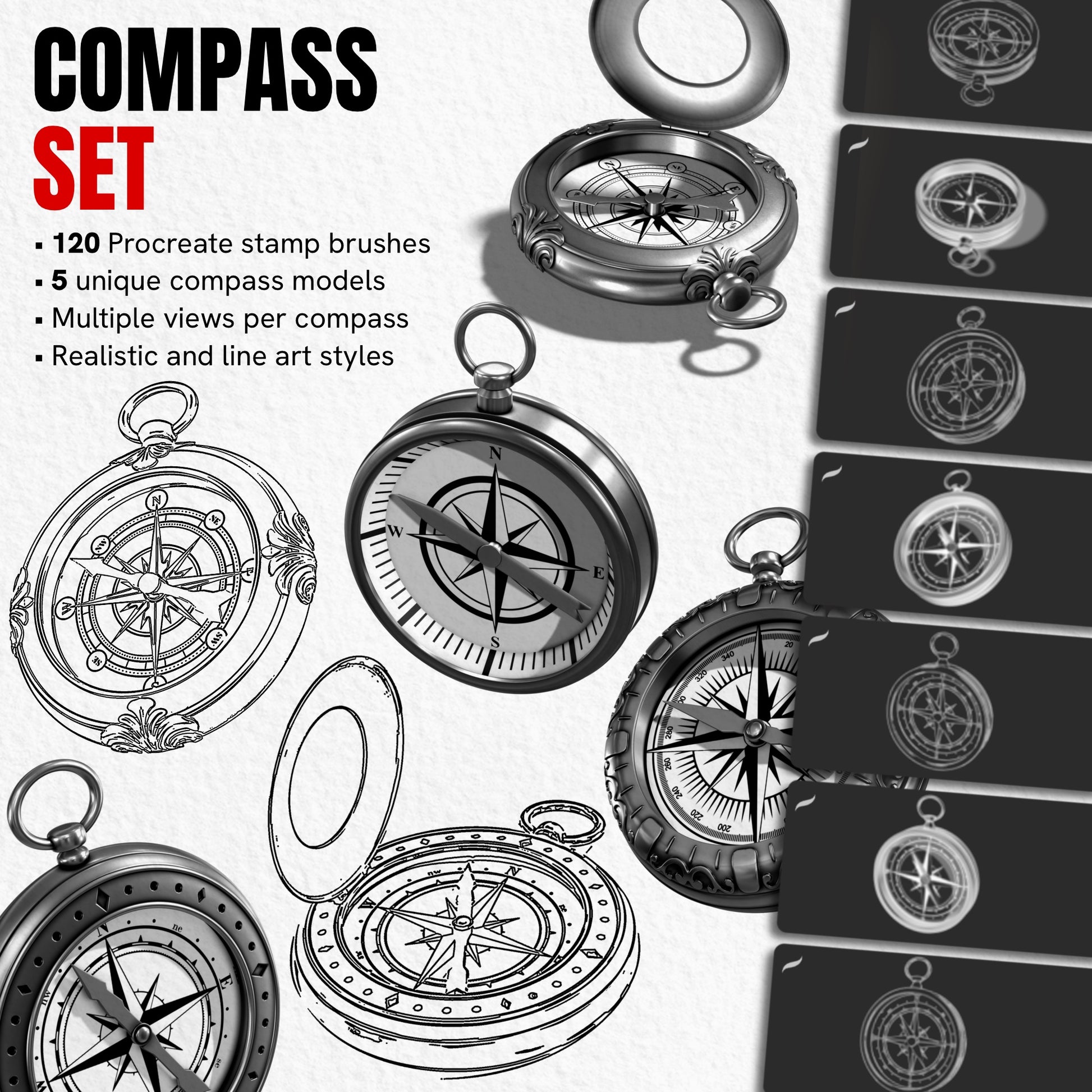 Compass Set with 120 Procreate stamp brushes featuring five vintage compasses in realistic and line art styles