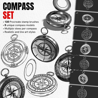 Compass Set with 120 Procreate stamp brushes featuring five vintage compasses in realistic and line art styles