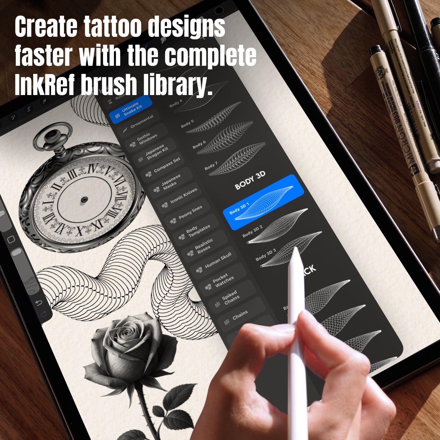 Complete InkRef Procreate tattoo brush library shown with pocket watch, snake and realistic rose designs