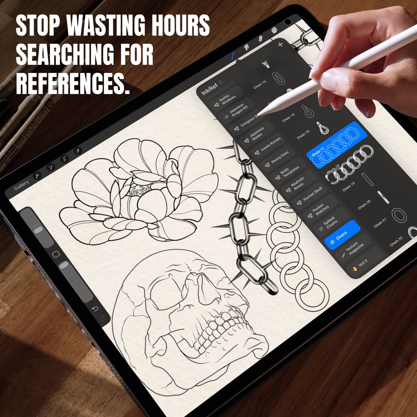 Tattoo design workflow in Procreate using flower, skull and chain stamp brushes from the Ultimate Brush Bundle