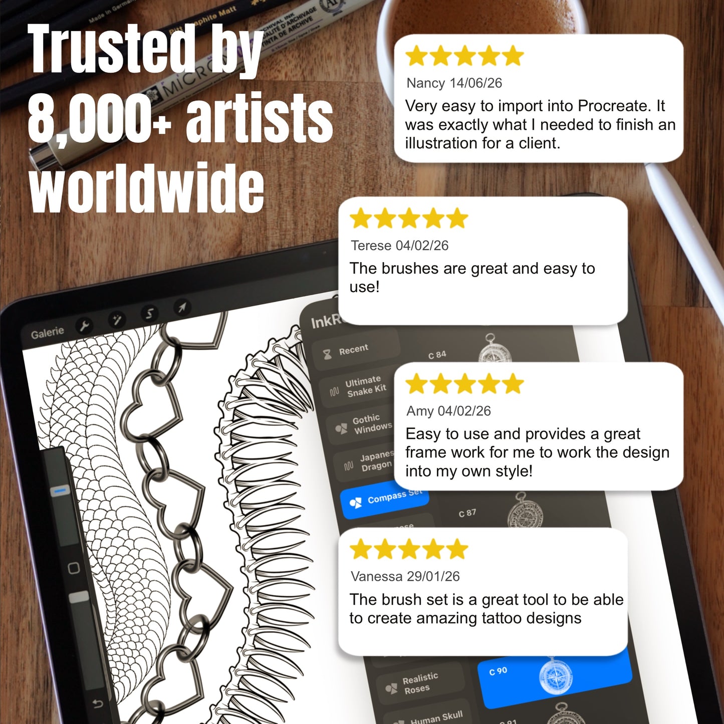 Ultimate Procreate Brush Bundle shown with tattoo artist reviews and chain, snake and compass brush designs