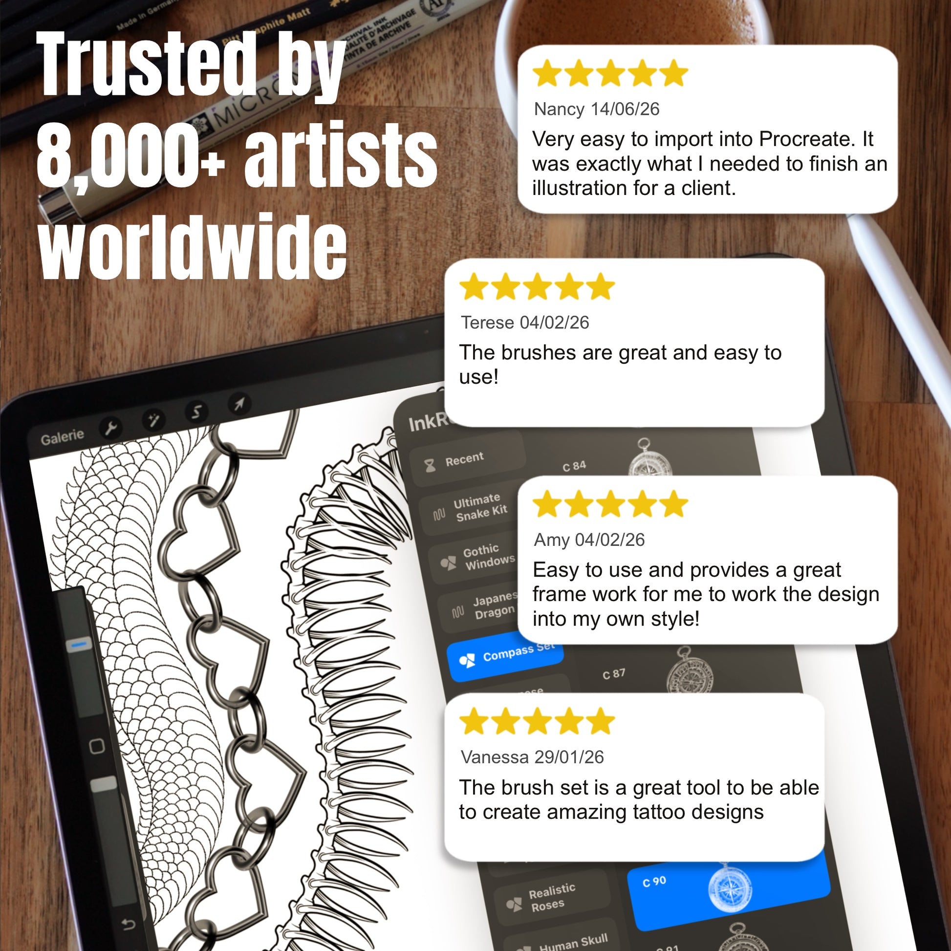 Ultimate Procreate Brush Bundle shown with tattoo artist reviews and chain, snake and compass brush designs