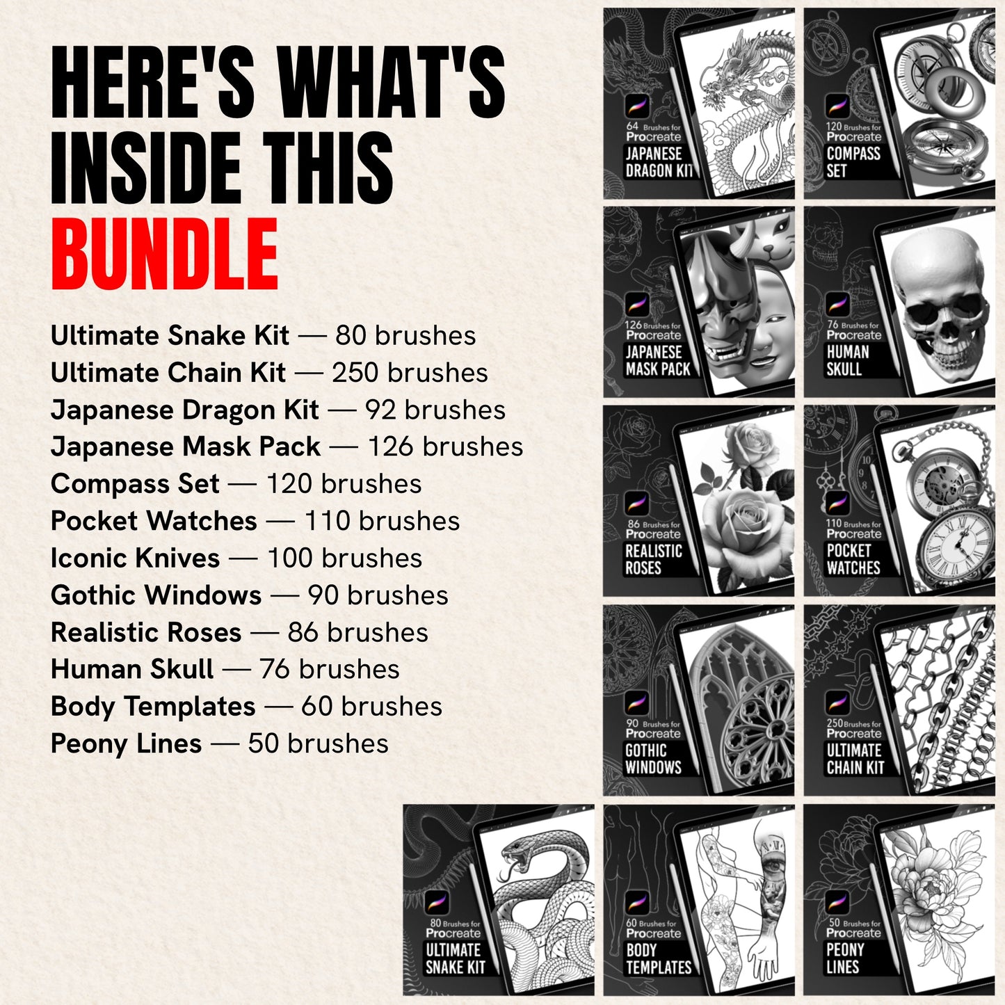 What's inside The Ultimate Brush Bundle — all 12 InkRef Procreate brush packs with brush counts and cover previews