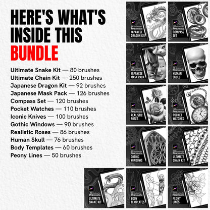 Contents of the Ultimate Procreate Brush Bundle listing 12 tattoo brush packs and 1,240 Procreate brushes