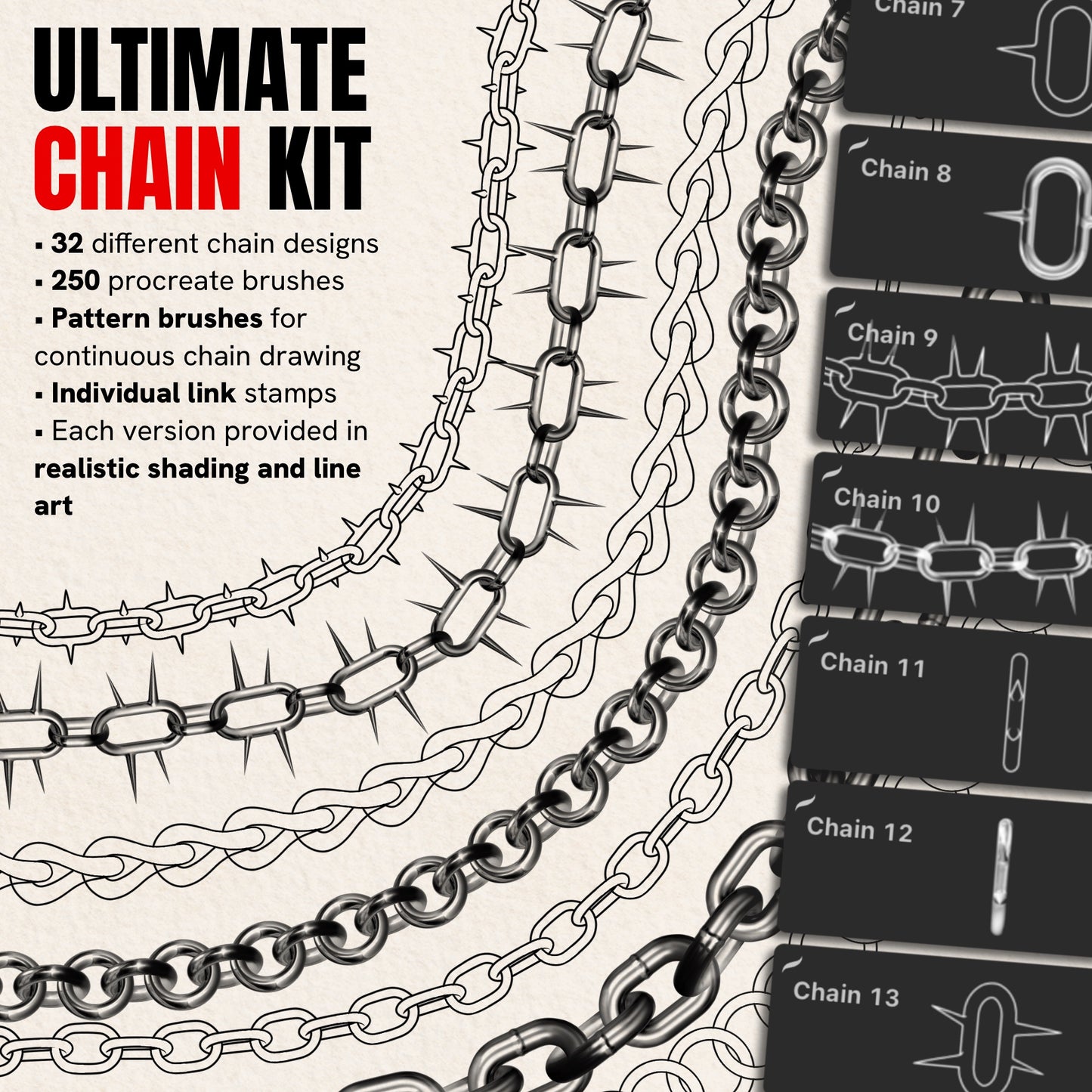 Ultimate Chain Kit — 250 Procreate brushes with 32 chain and spiked-chain designs in line art and realistic shading