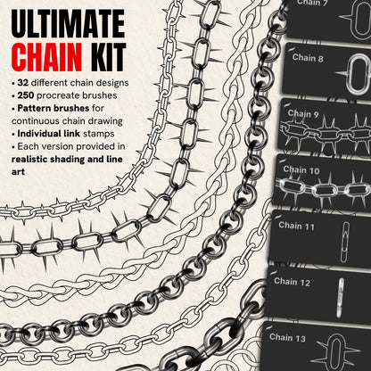 Ultimate Chain Kit — 250 Procreate brushes with 32 chain and spiked-chain designs in line art and realistic shading