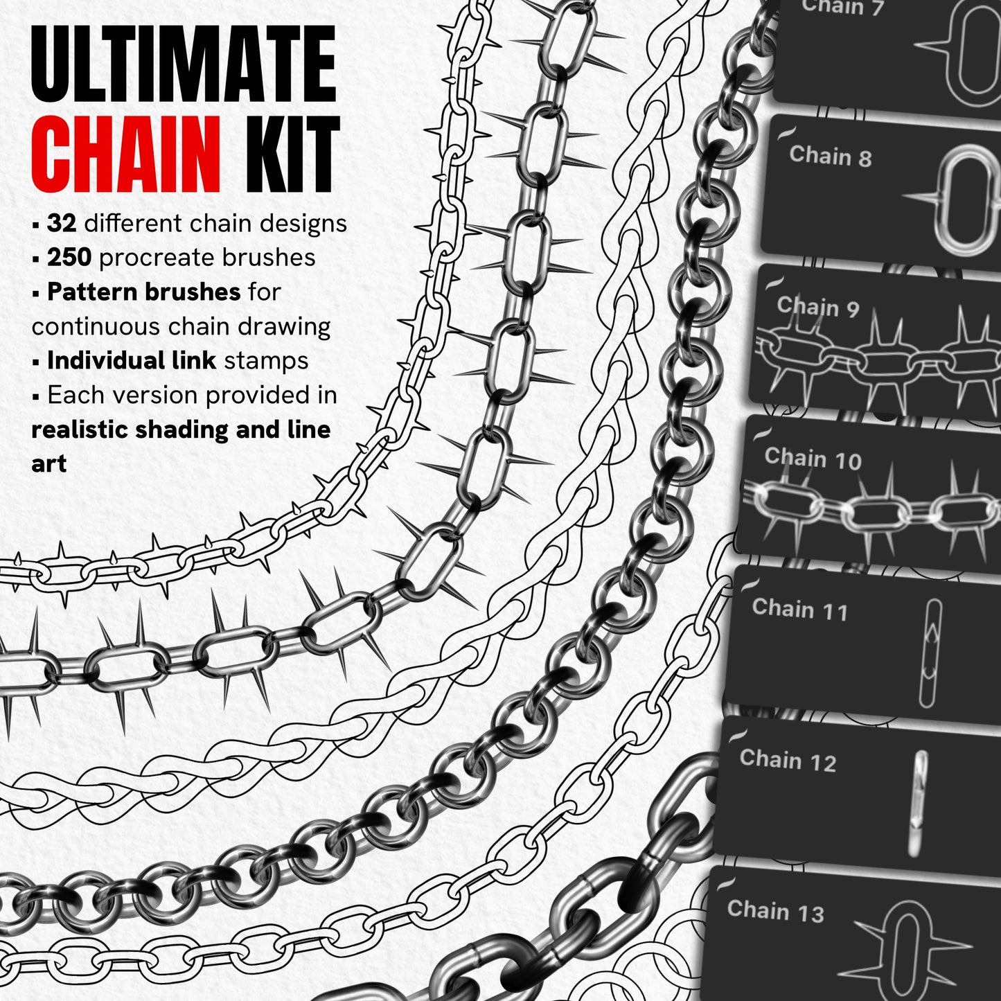 Ultimate Chain Kit with 250 Procreate brushes featuring 32 chain designs, patterns and individual links