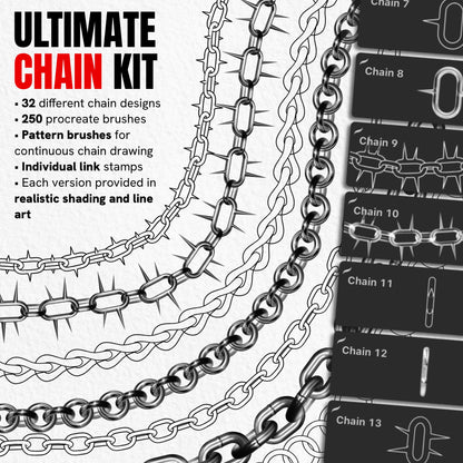 Ultimate Chain Kit with 250 Procreate brushes featuring 32 chain designs, patterns and individual links