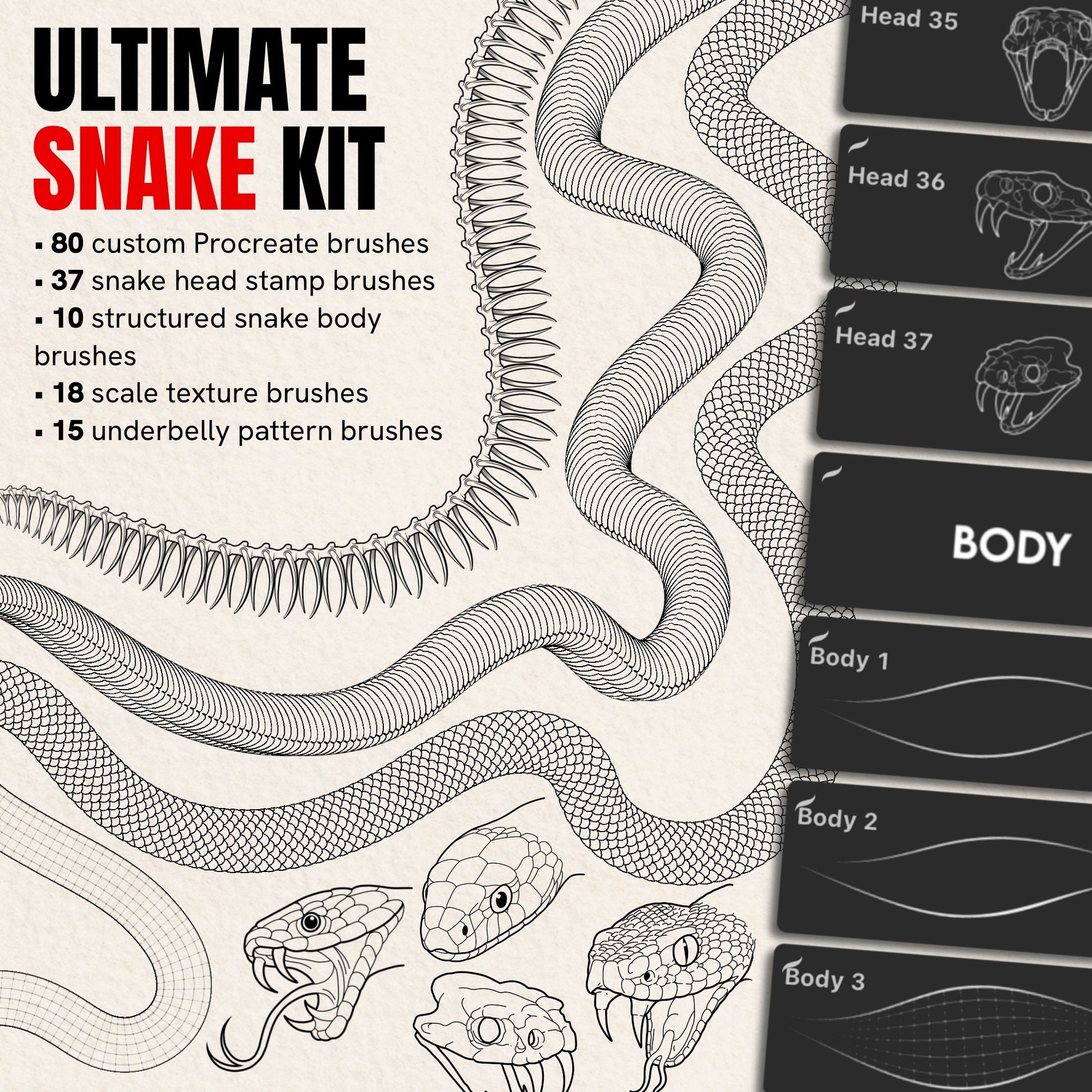 Ultimate Snake Kit — 80 Procreate brushes with snake heads, bodies and scale textures in tattoo line art