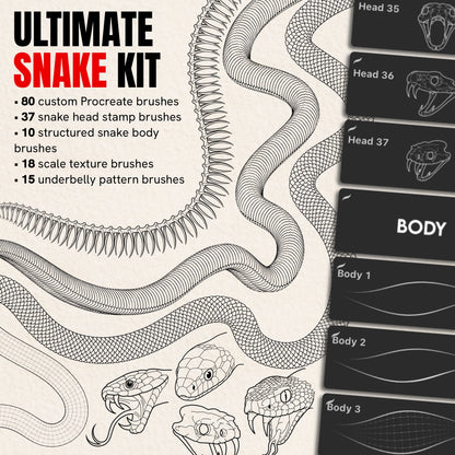 Ultimate Snake Kit — 80 Procreate brushes with snake heads, bodies and scale textures in tattoo line art