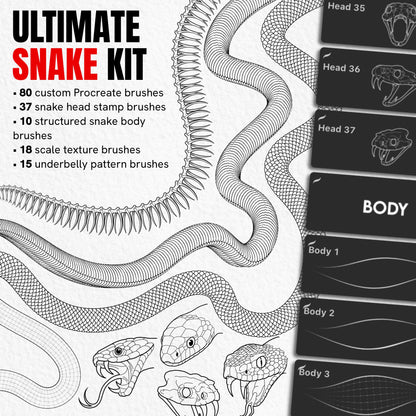 Ultimate Snake Kit with 80 Procreate brushes featuring snake heads, bodies, scales and underbelly patterns
