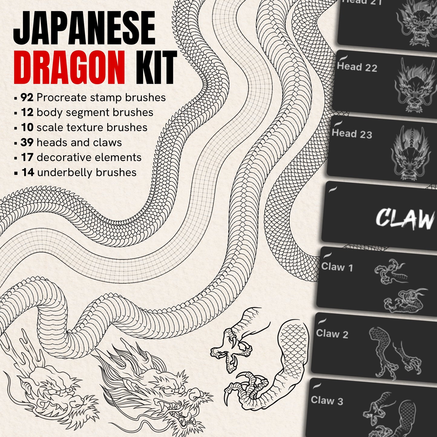 Japanese Dragon Kit — 92 Procreate stamp brushes with dragon heads, claws and scaled bodies in tattoo line art