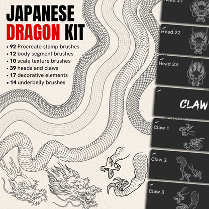 Japanese Dragon Kit — 92 Procreate stamp brushes with dragon heads, claws and scaled bodies in tattoo line art
